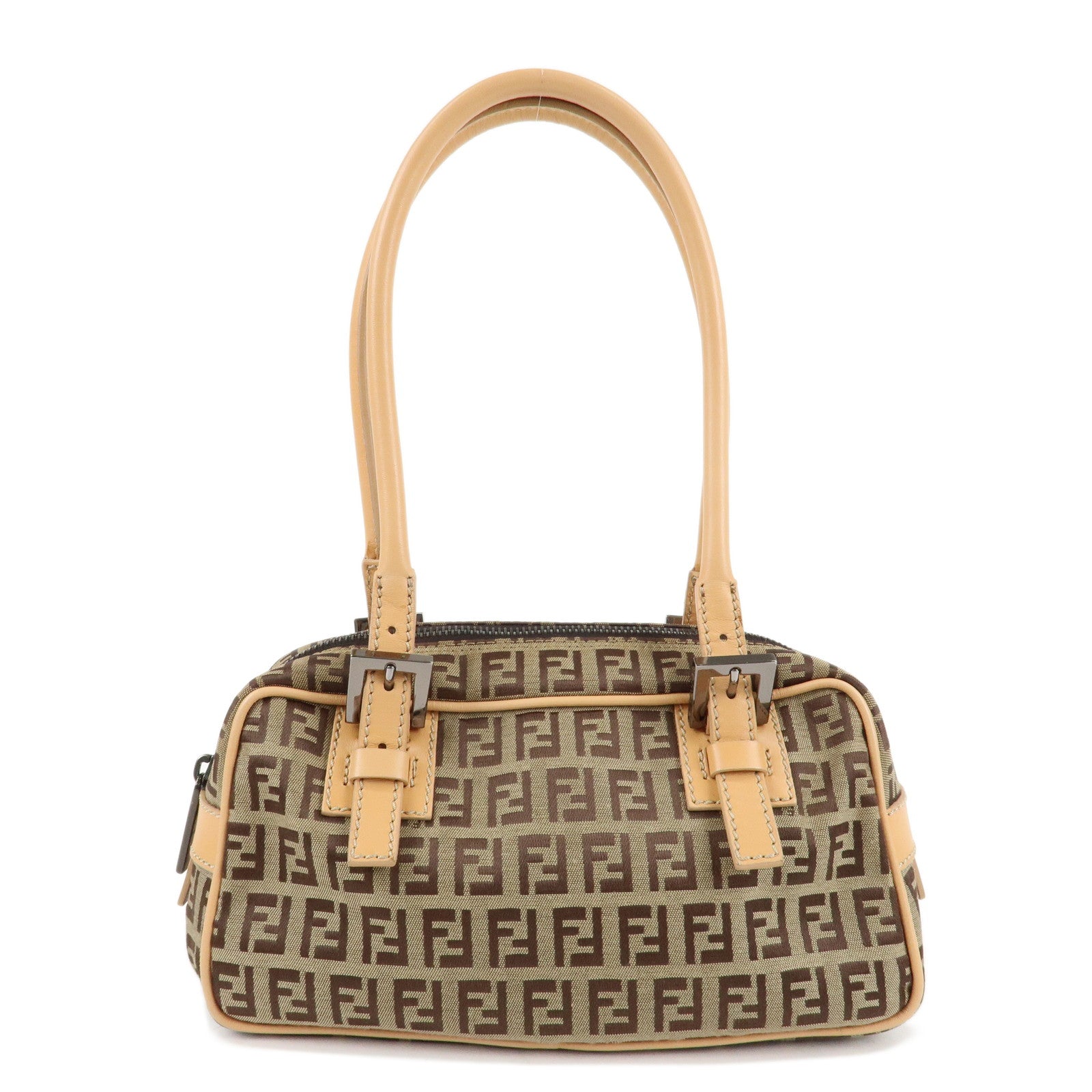 FENDI-Zucchino-Canvas-Leather-Small-Boston-Hand-Bag-Brown-8BN004