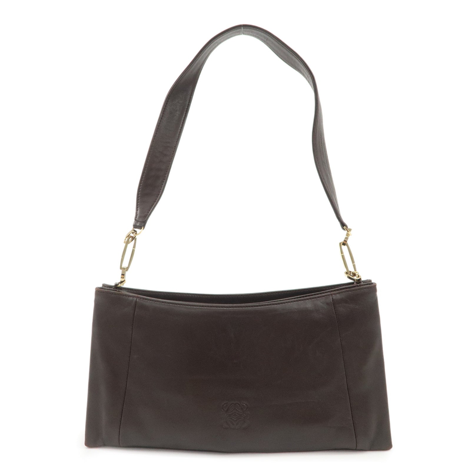 LOEWE-Anagram-Leather-Shoulder-Bag-Hand-Bag-Gold-HDW--Brown