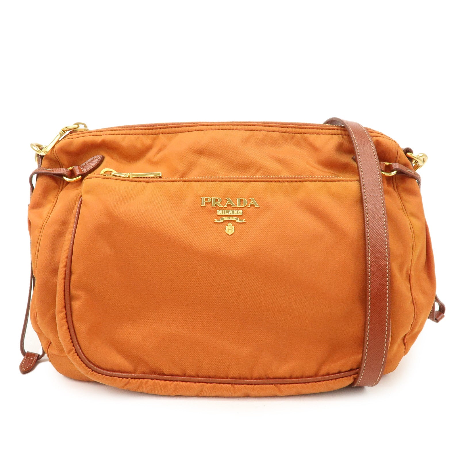 PRADA-Logo-Nylon-Leather-Shoulder-Bag-Gold-Hardware-Orange