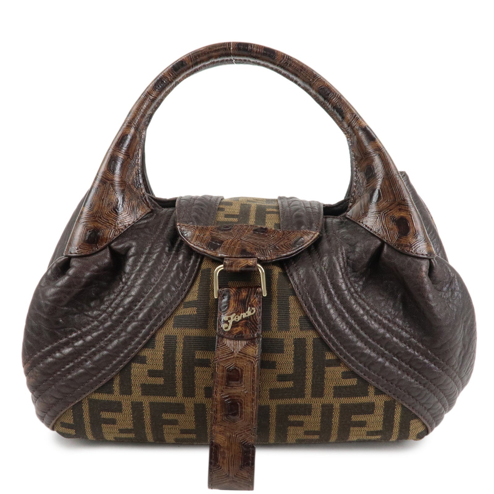 FENDI Zucca Mini Spy Canvas Leather Hand Bag Brown Black 8BR589 Used