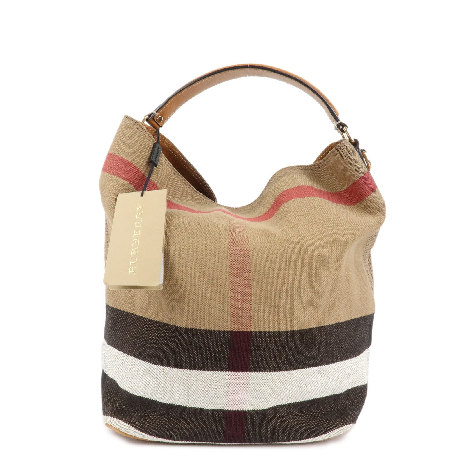 BURBERRY-Canvas-Leather-Ashby-Medium-Plaid-Bucket-Bag-Beige-Brown