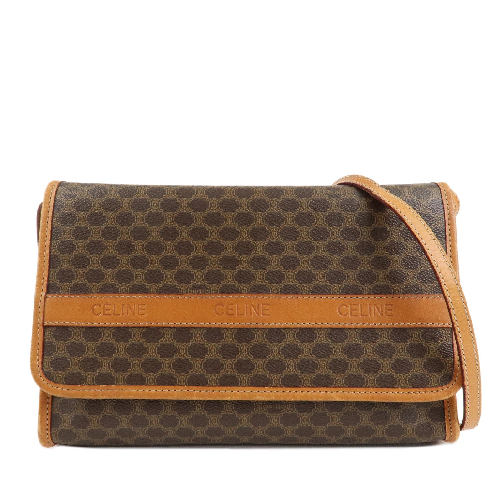 CELINE-Macadam-PVC-Leather-Shoulder-Bag-Hand-Bag-Brown-Used