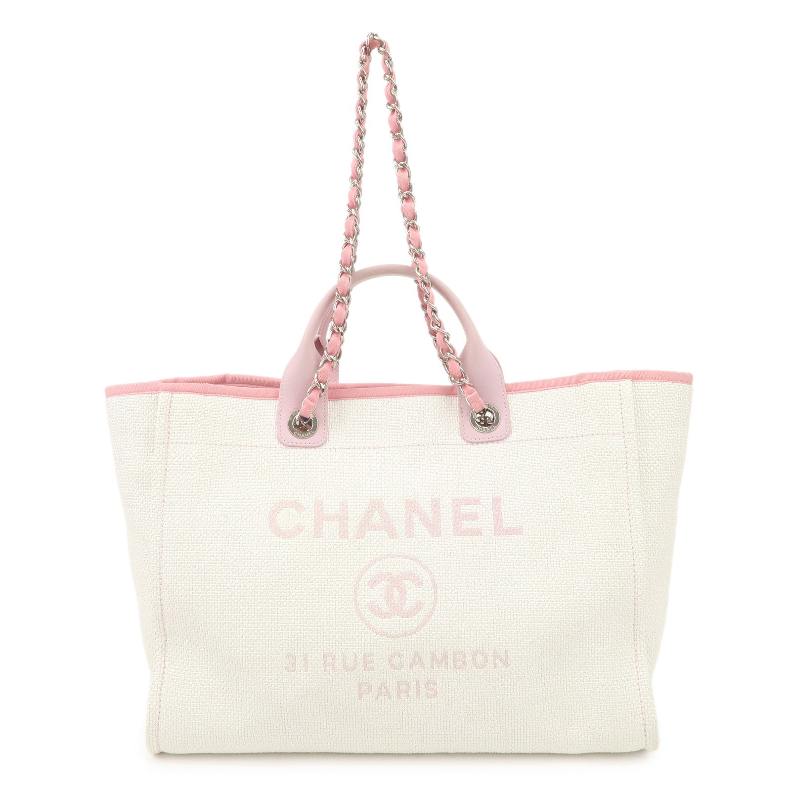 CHANEL-Deauville-Raffia-Leather-Chain-Tote-Bag-GM-Pink-A66941