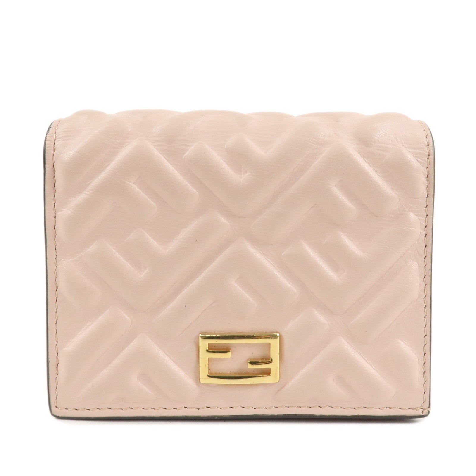 FENDI-Bucket-Leather-Bi-Fold-Wallet-Gold-Metal-Fitting-Pink