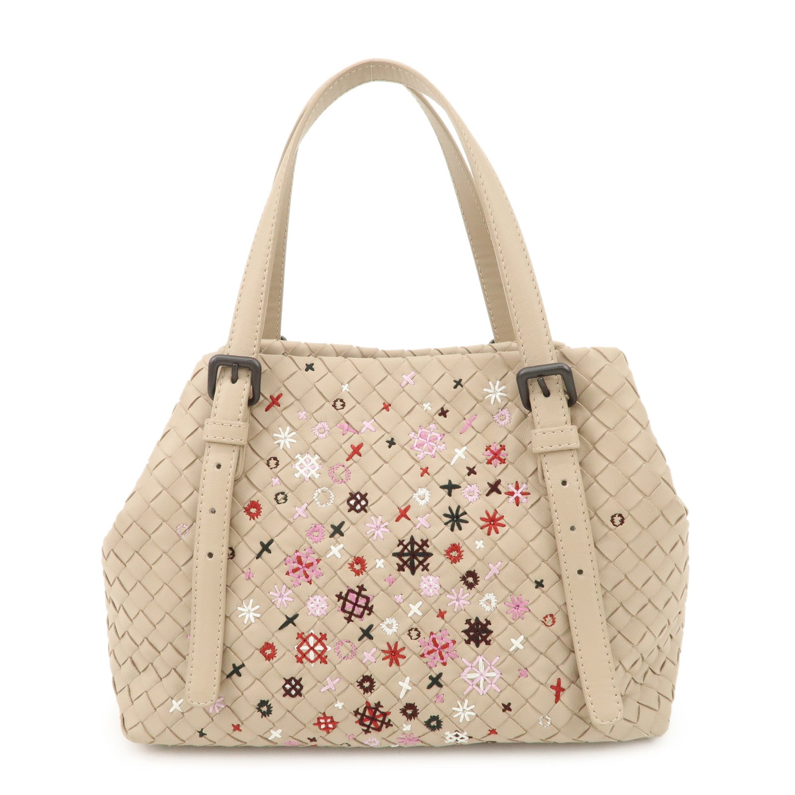 BOTTEGA-VENETA-Intrecciato-Leather-Embroidery-Tote-Bag-Beige