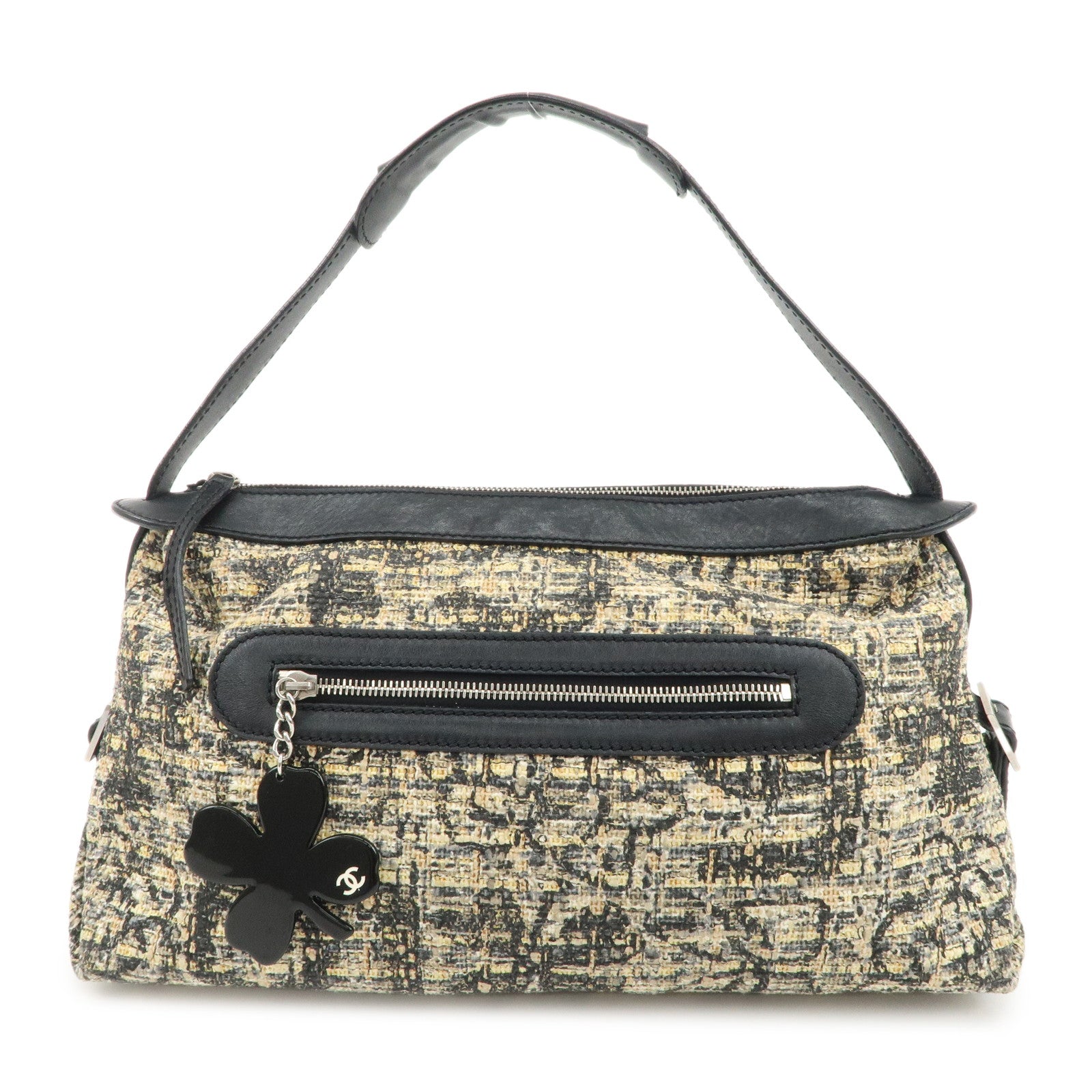 CHANEL-Tweed-Leather-Shoulder-Bag-Hand-Bag-Black-Beige