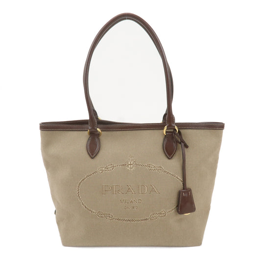 PRADA-Logo-Jacquard-Leather-Tote-Bag-Beige-Brown-1BG159