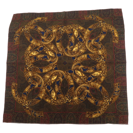 CHANEL-Scarf-Silk-100-%-Chain-Paisley-Pattern-Navy-Gold-Brown