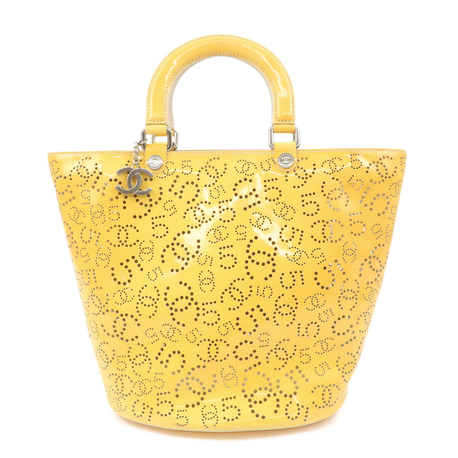 CHANEL-COCO-Mark-No.5-Patent-Leather-Punching-Hand-Bag-Yellow