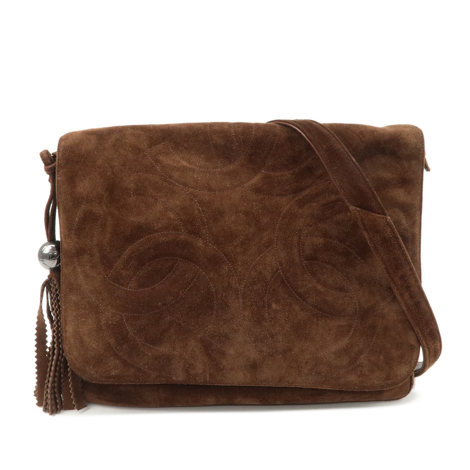 CHANEL-Triple-COCO-Mark-Suede-Shoulder-Bag-Brown-Silver