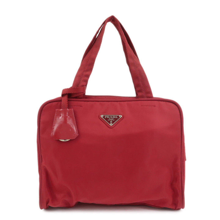 PRADA Triangle Logo Nylon Leather Hand Bag Wine Red B8495