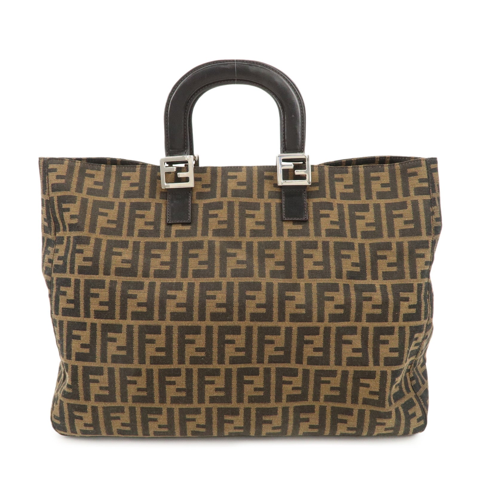 FENDI-Zucca-Canvas-Leather-Tote-Bag-Brown-Black-26329