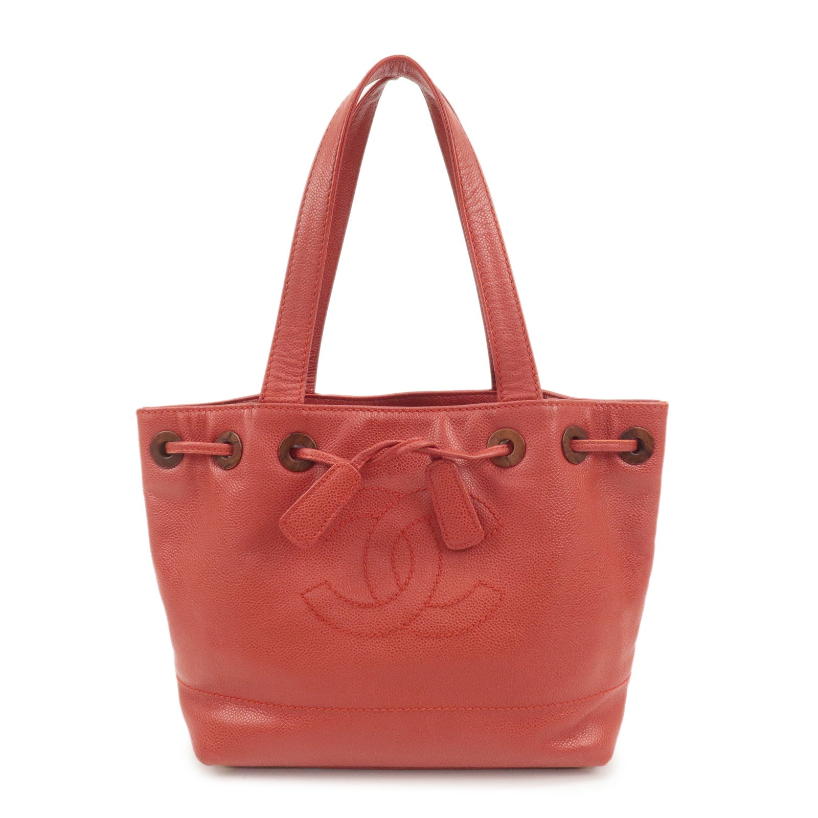 CHANEL-Caviar-Skin-COCO-Mark-Tote-Bag-Hand-Bag-Red