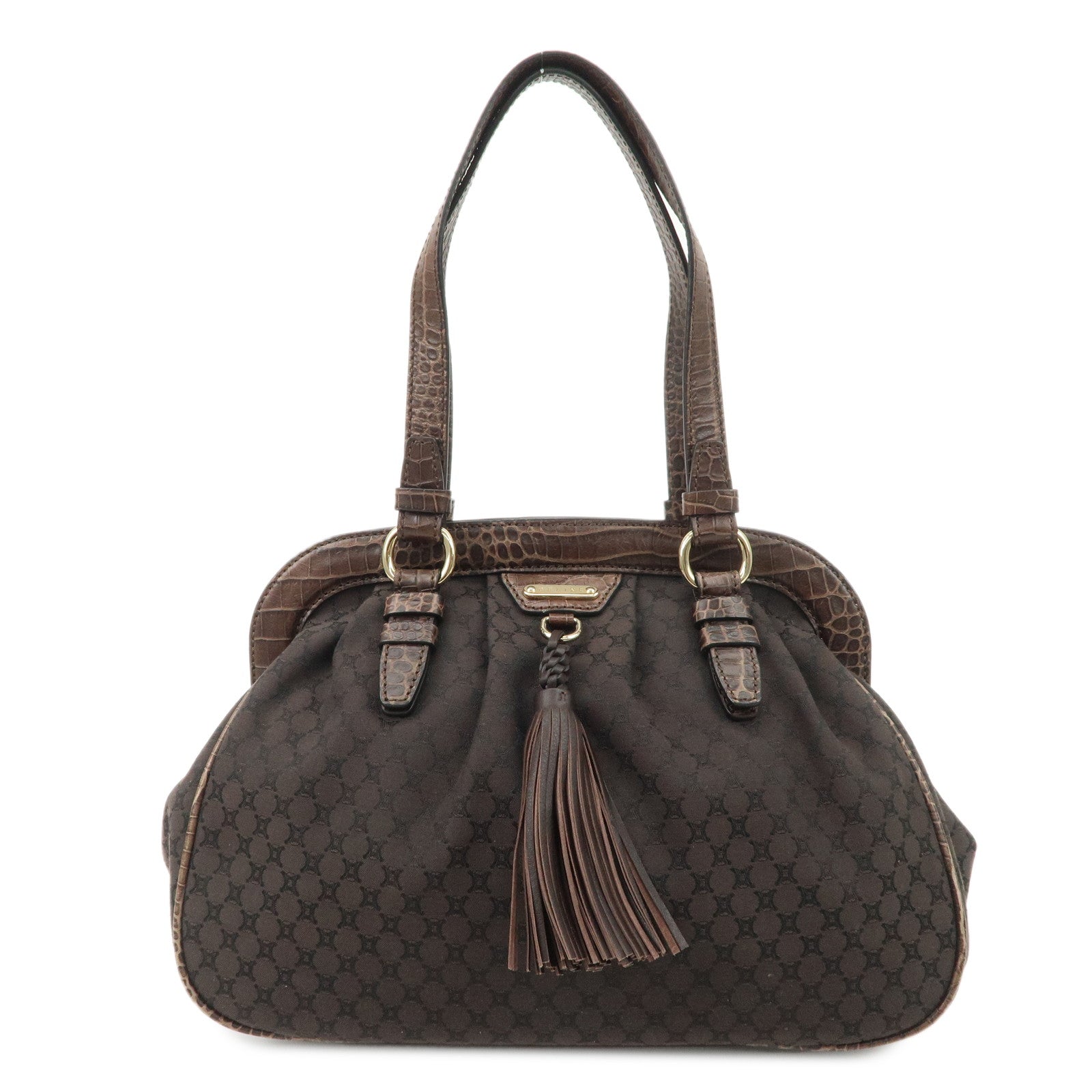 CELINE-Macadam-Canvas-Leather-Shoulder-Bag-Fringe-Brown