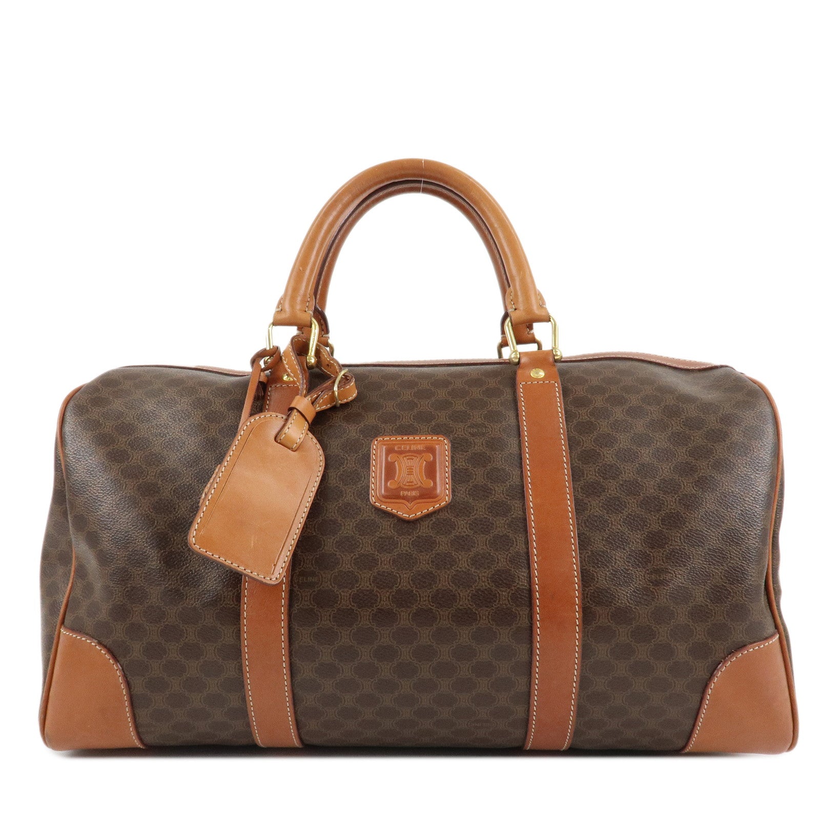 CELINE-Macadam-PVC-Leather-Boston-Bag-Hand-Bag-Brown-Used