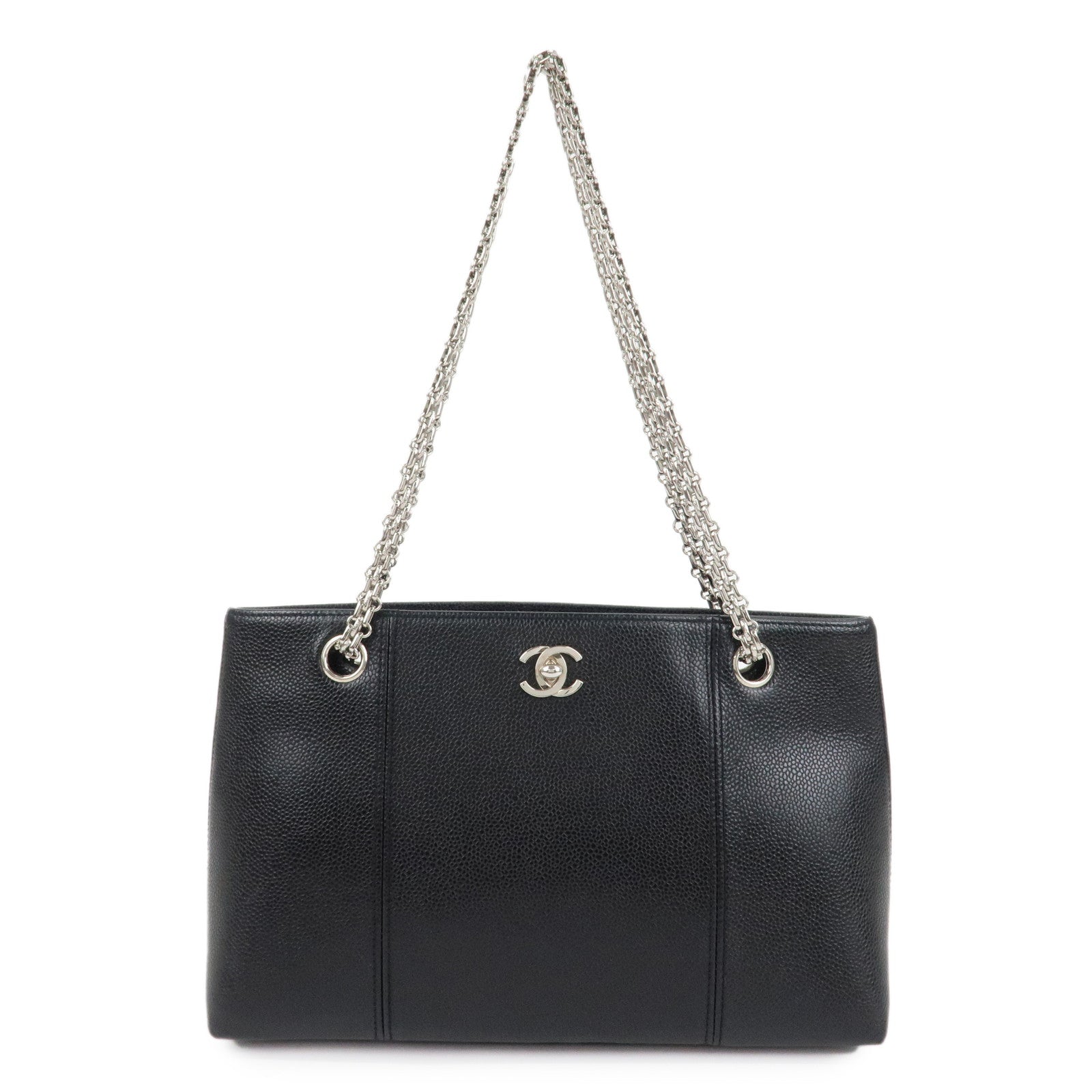 CHANEL-Caviar-Skin-Chain-Tote-Bag-Black-Silver-Hardware