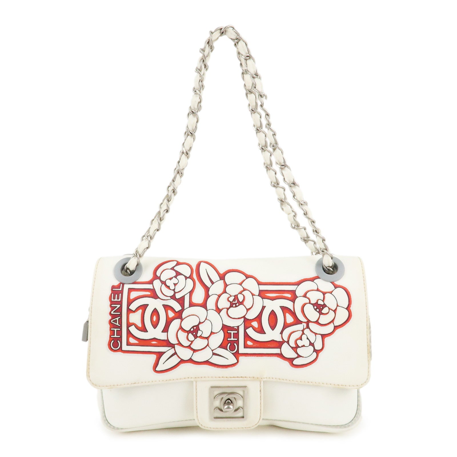 CHANEL-Sport-Line-Nylon-Camelia-Chain-Shoulder-Bag-White-Red