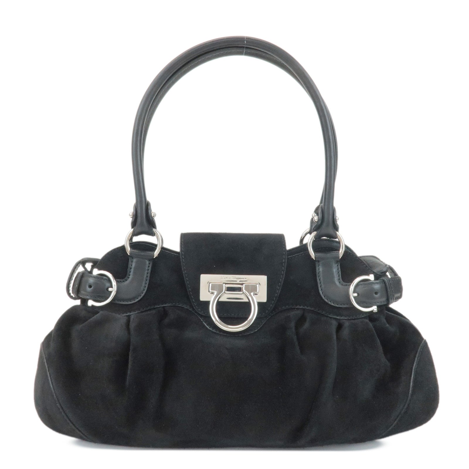 Ferragamo-Gancini-Suede-Leather-Shoulder-Bag-Black-AU-21/6317