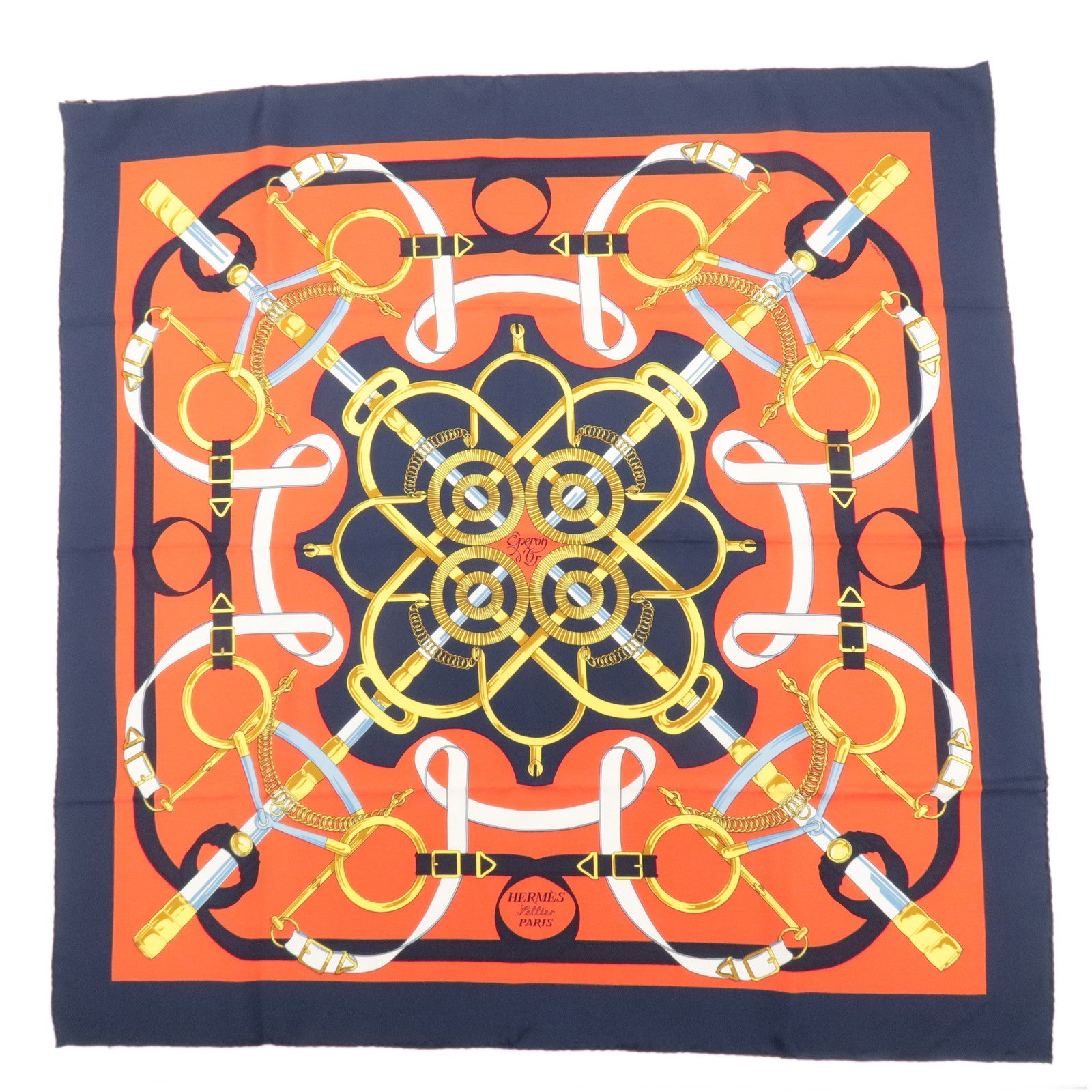 HERMES-Carre-90-100%-Silk-Carre-90-Eperon-d'or-Red-Navy-Gold-