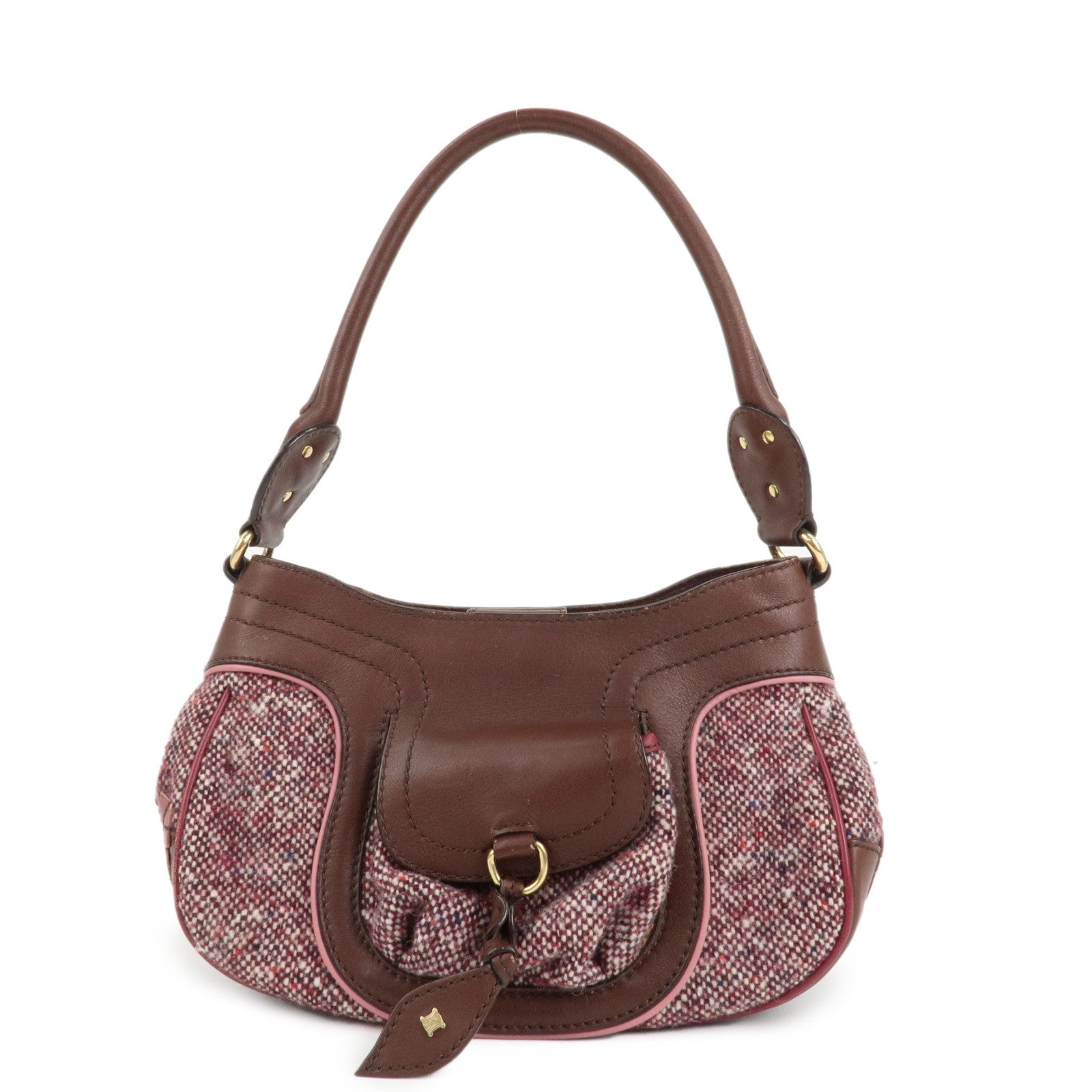 CELINE-Wool-Tweed-Leather-Shoulder-Bag-Macadam-Engraved-Leaf-Motif