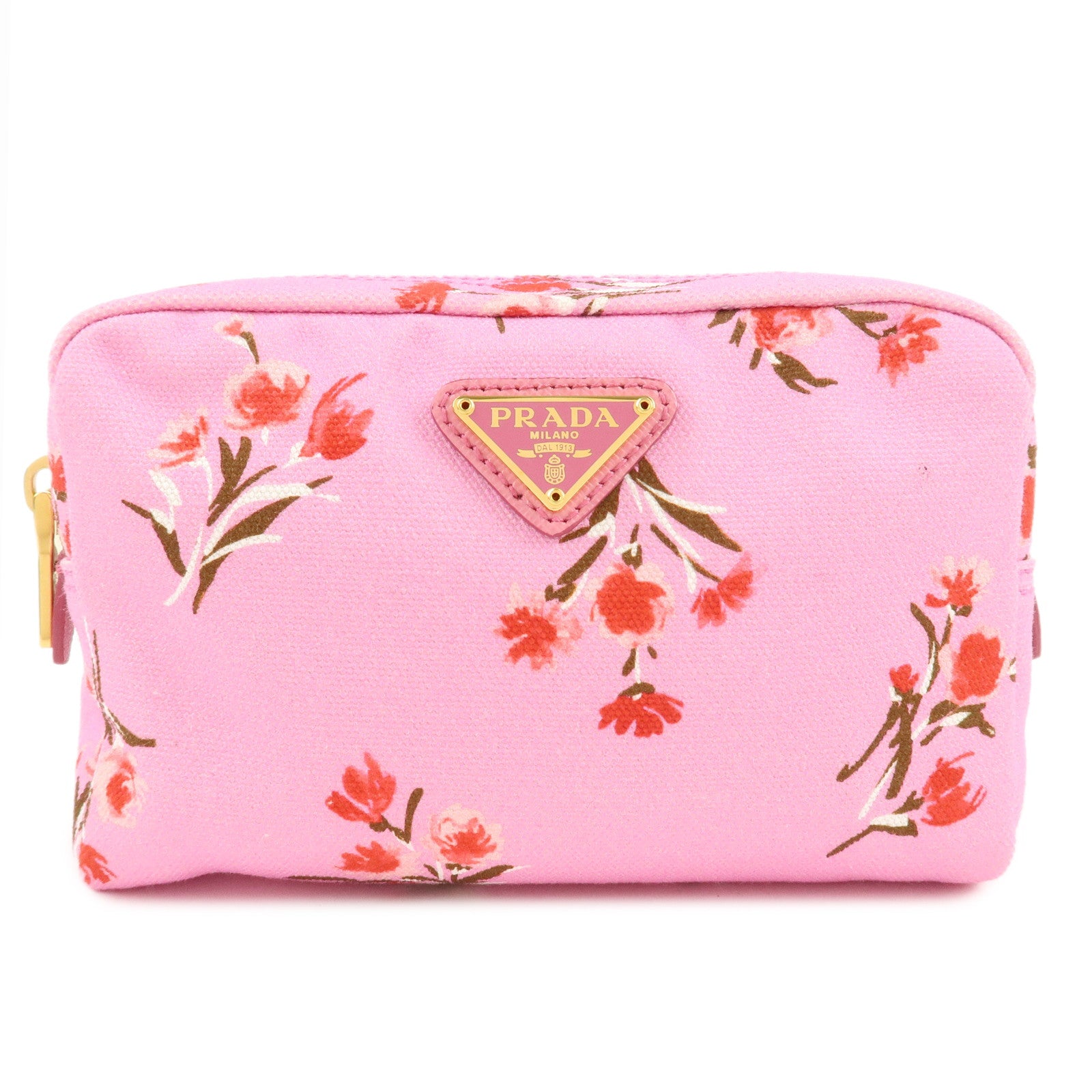 PRADA-Canapa-Canvas-Leather-Cosmetic-Pouch-Flower-1NA021-Pink