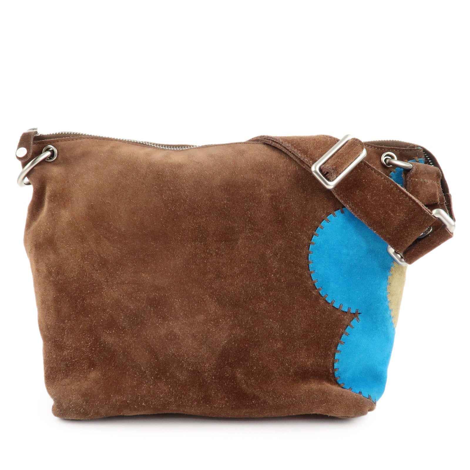 CELINE-Suede-Leather-Shoulder-Bag-Macadam-Engraved-Flower-Brown