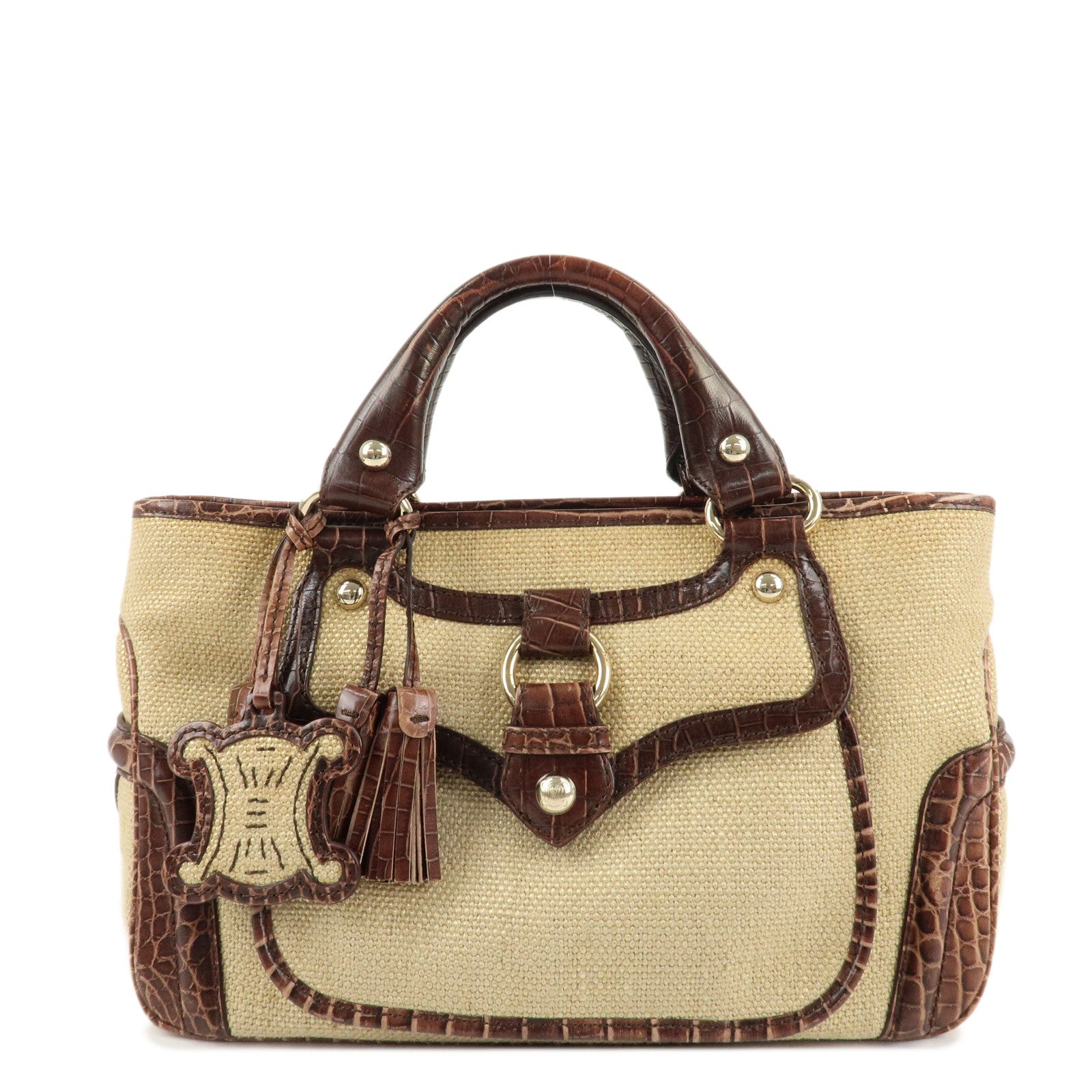 CELINE-Straw-Leather-Boogie-Bag-Hand-Bag-Beige-Brown-Gold-HDW