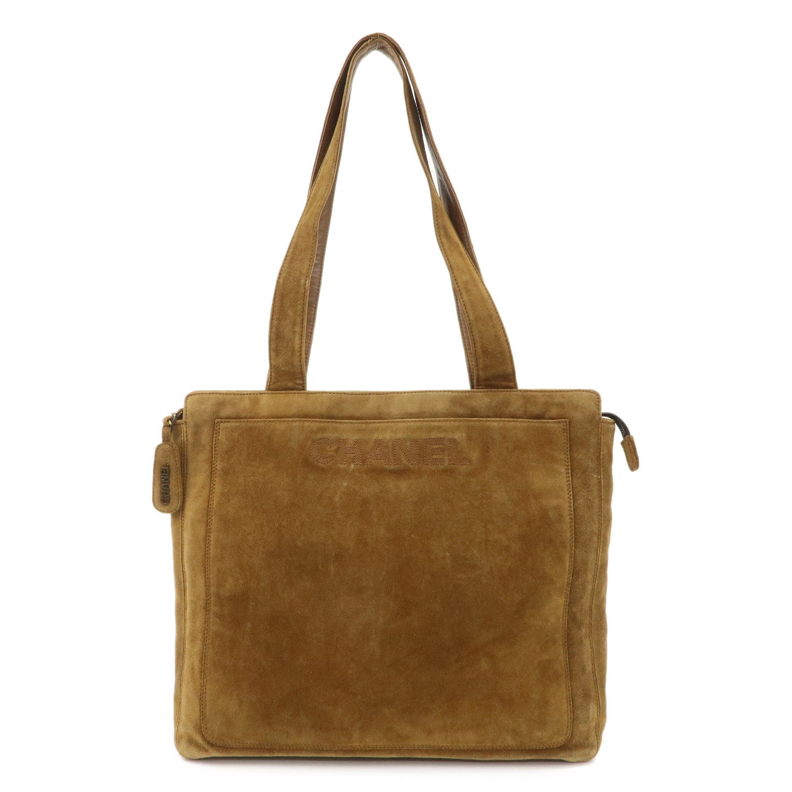 CHANEL-Logo-Suede-Tote-Bag-Shoulder-Bag-Brown