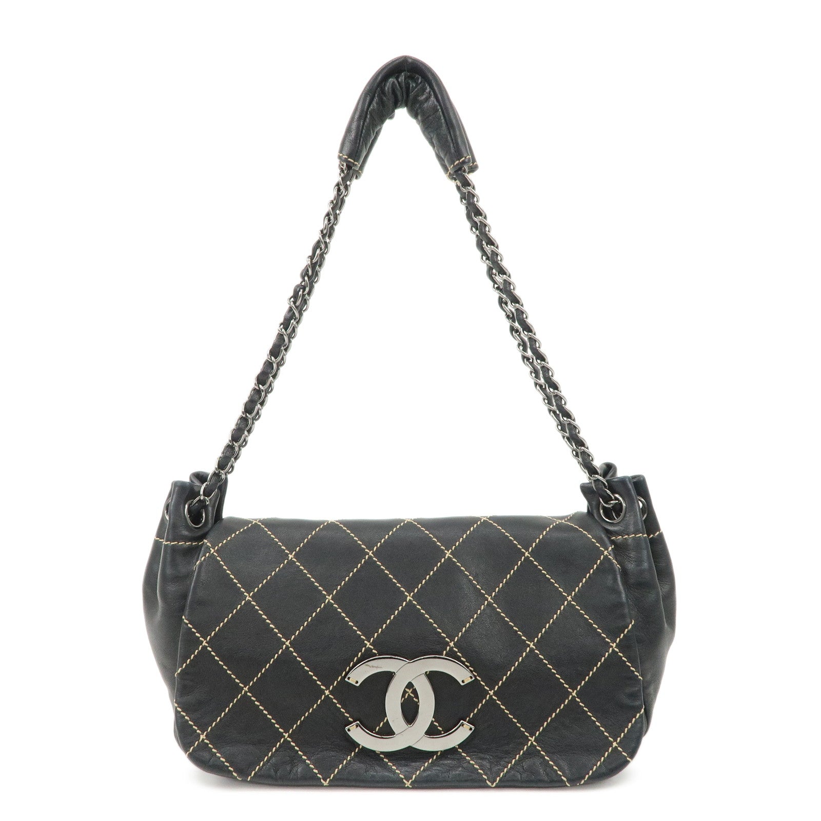CHANEL-COCO-Mark-Wild-Stitch-Lamb-Skin-Chain-Shoulder-Bag-Black