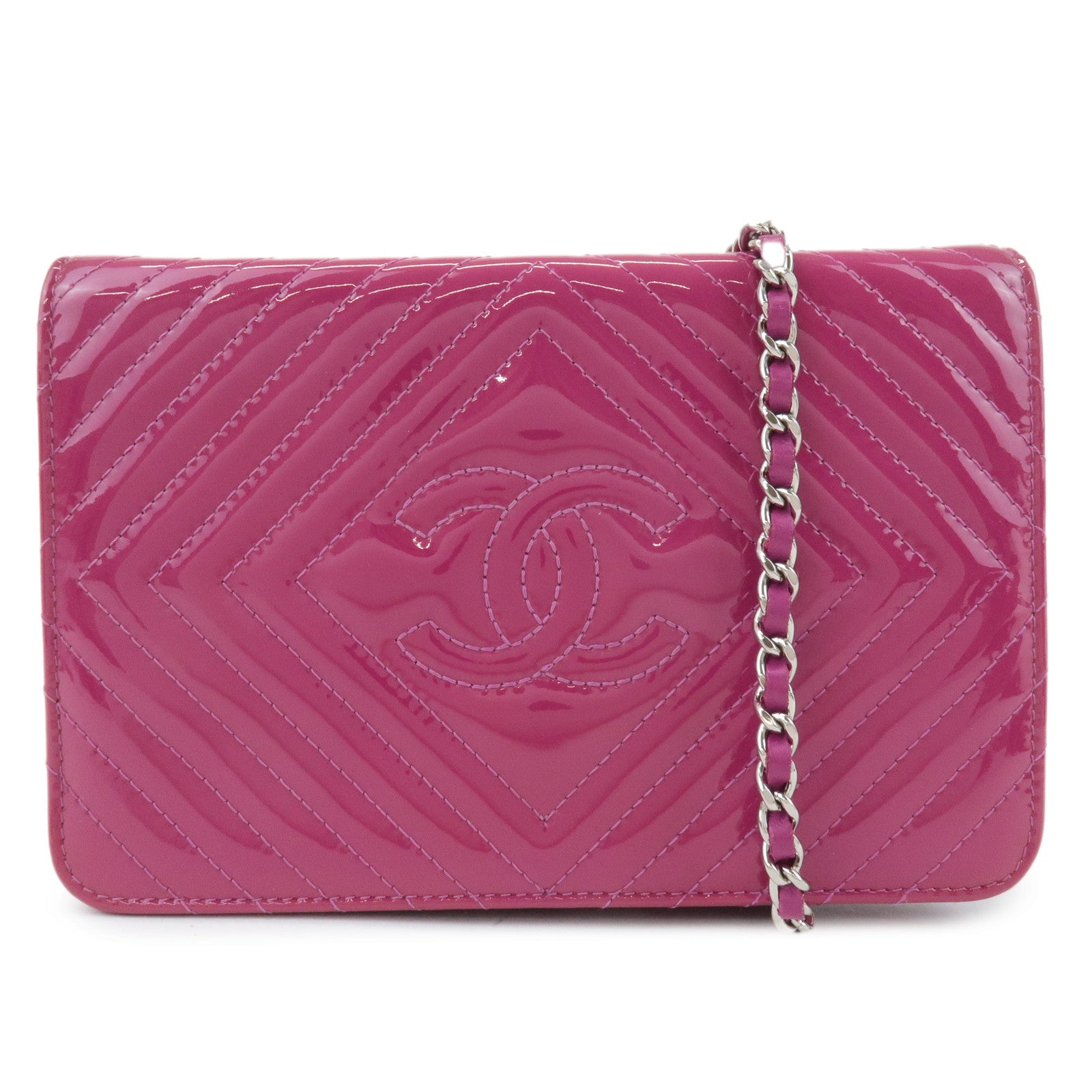 CHANEL-COCO-Mark-Shevron-Patent-Leather-V-Stitch-Chain-Wallet
