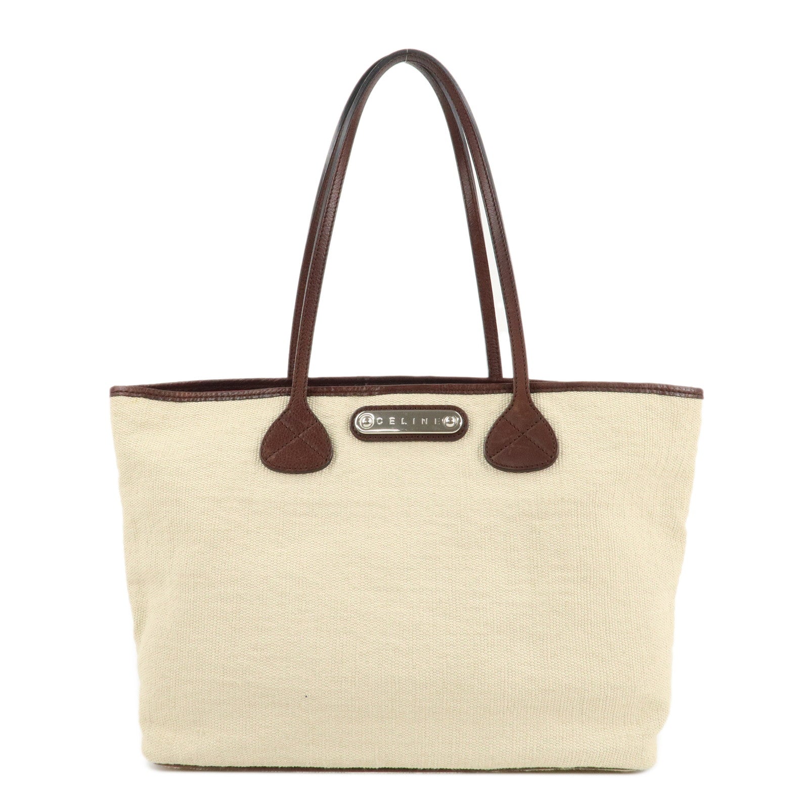 CELINE-Canvas-Leather-Tote-Bag-Hand-Bag-Ivory-Dark-Brown