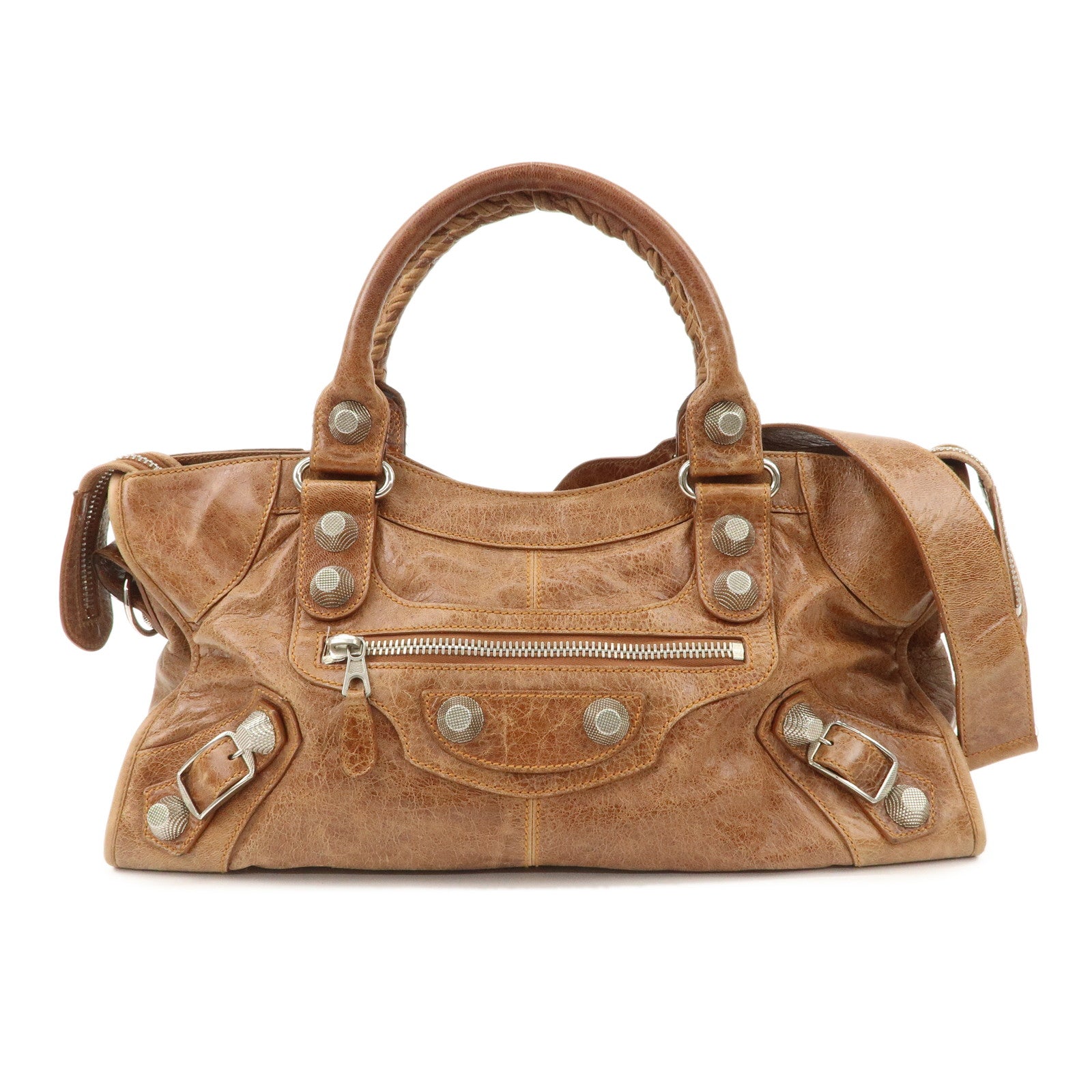 BALENCIAGA-Giant-City-2Way-Bag-Hand-Bag-Brown-Silver-HDW-173082