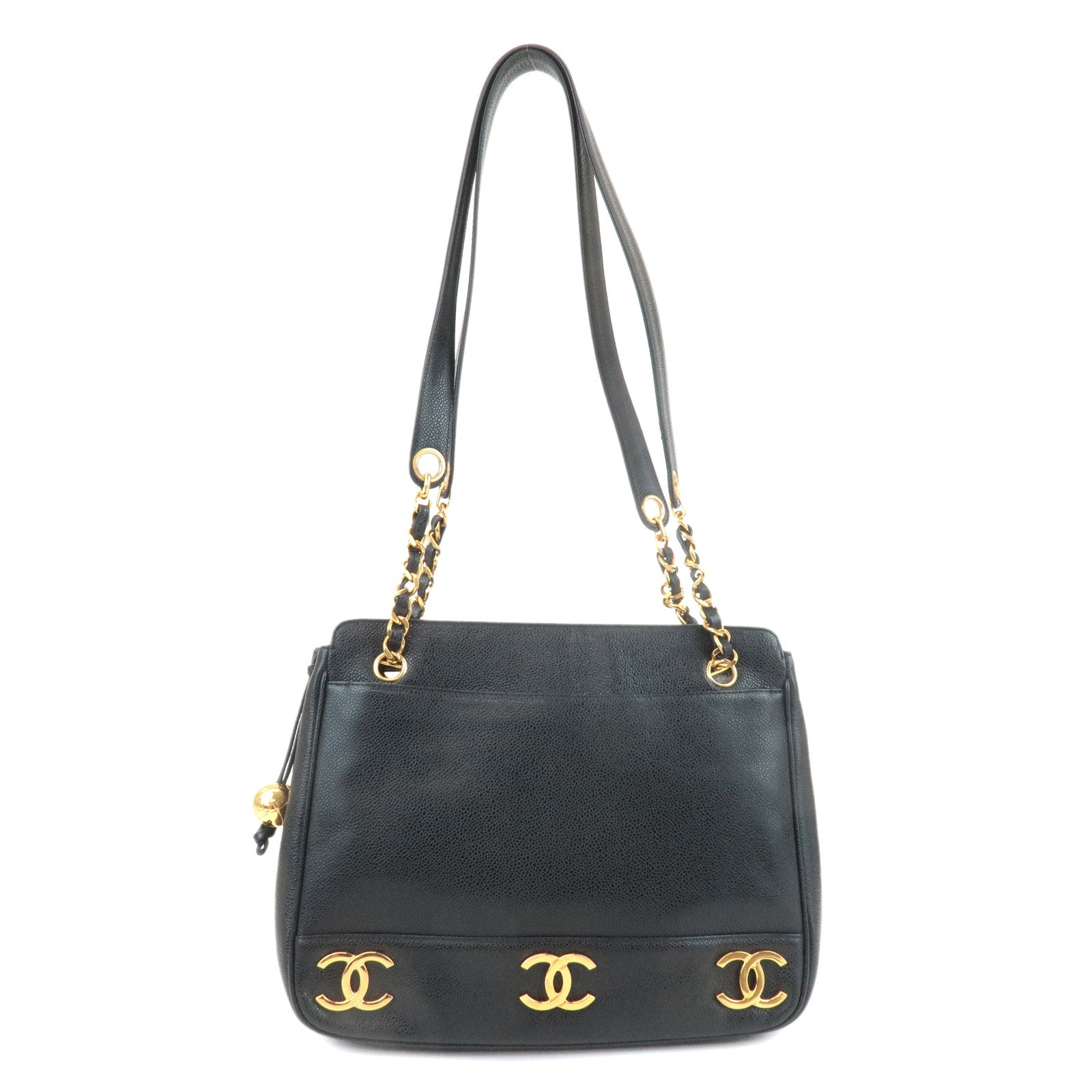 CHANEL-Triple-COCO-Caviar-Skin-Tote-Bag-Black-Gold
