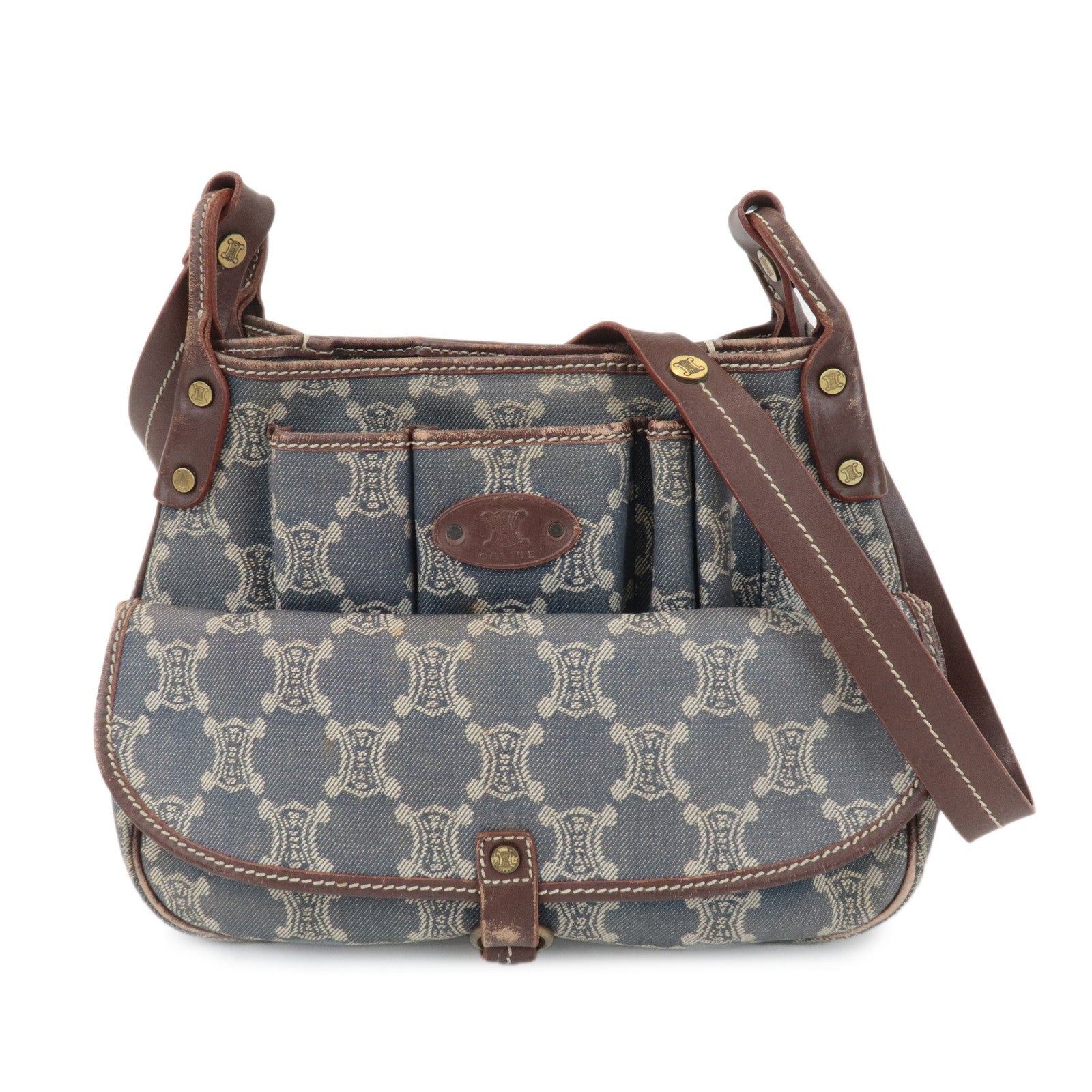 CELINE-Macadam-Denim-Leather-Shoulder-Bag-Blue-Brown