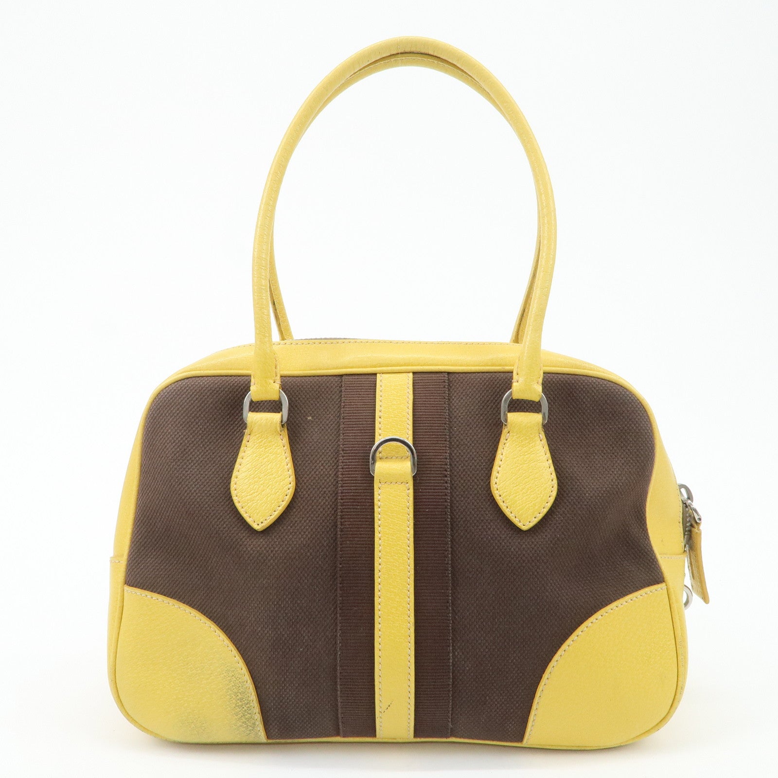 PRADA Canvas Leather Shoulder Bag Hand Bag Brown Yellow Used