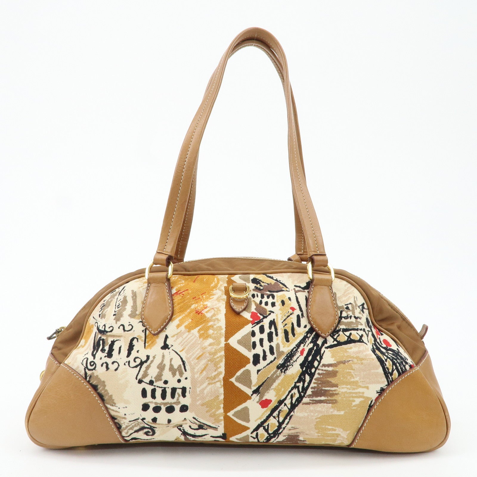 PRADA Logo Canvas Leather Nylon Shoulder Bag Boston Bag Brown Used