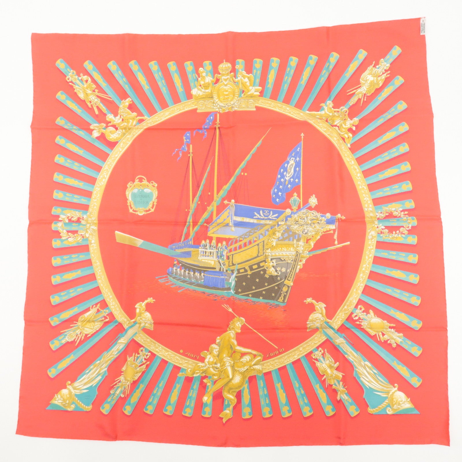 HERMES Carre 90 100% Silk LA MARINE a RAMES Red Gold Green Used