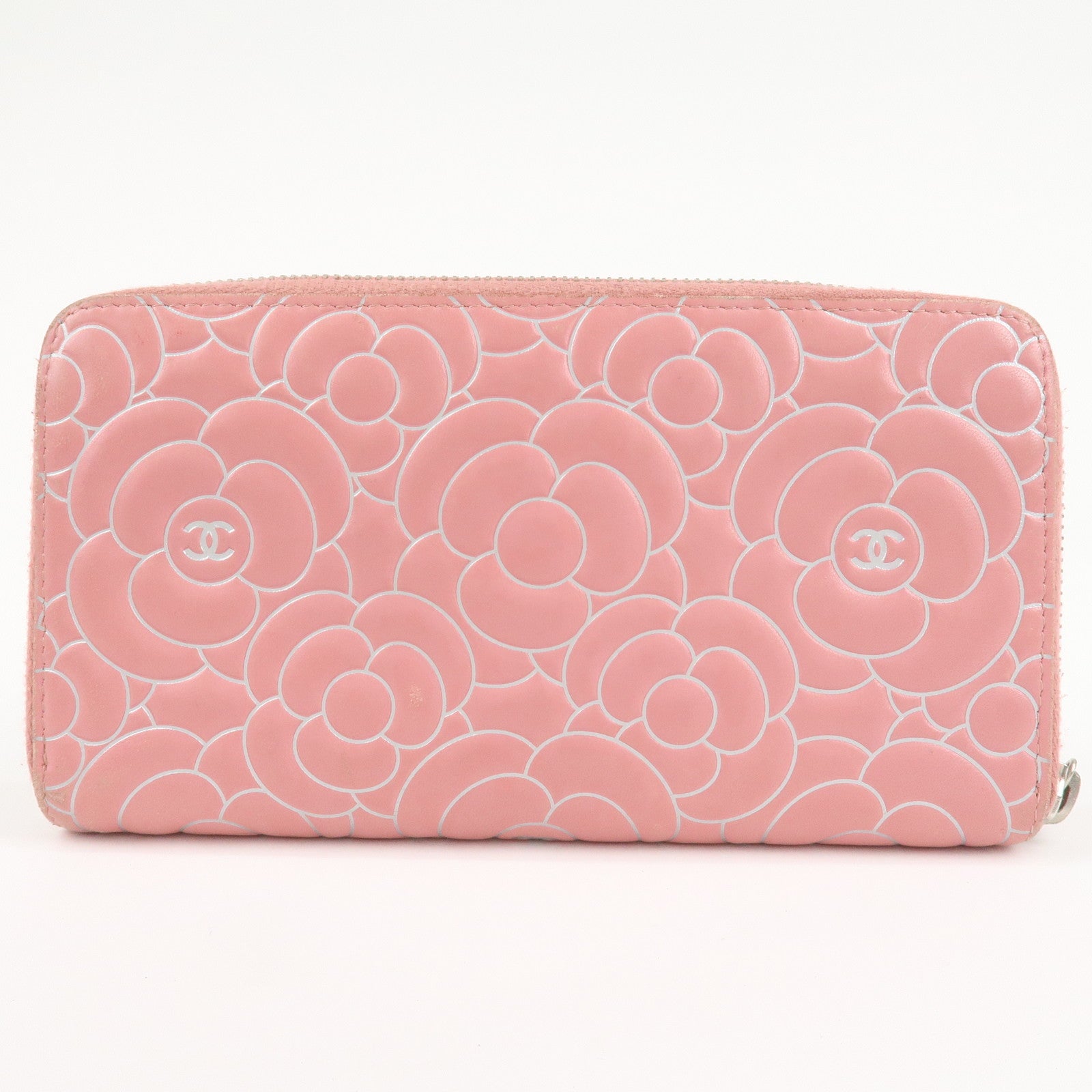 CHANEL Camellia Lamb Skin Long Zippy Wallet Pink A50085 Used