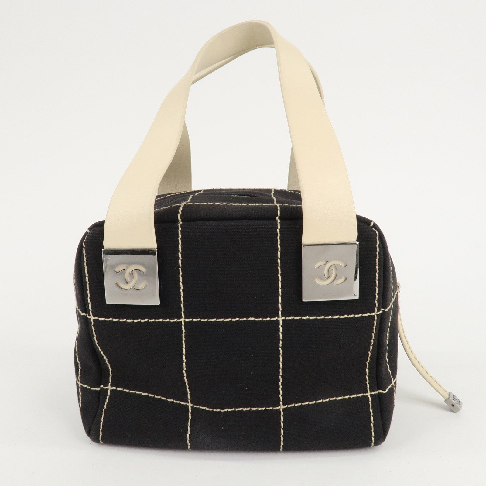 CHANEL Chocolate Bar Stitch Canvas Leather Mini Boston Bag Black Used