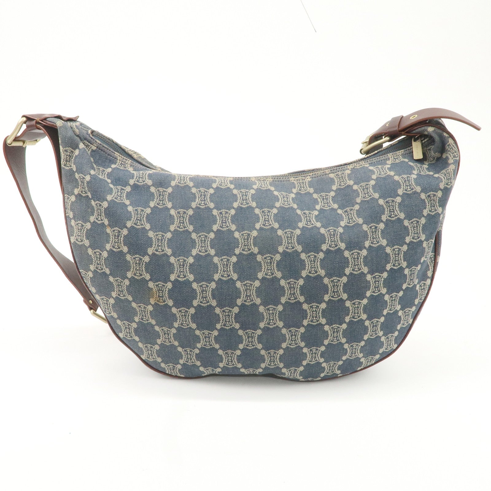 CELINE Macadam Canvas Leather Shoulder Bag Blue Brown Used