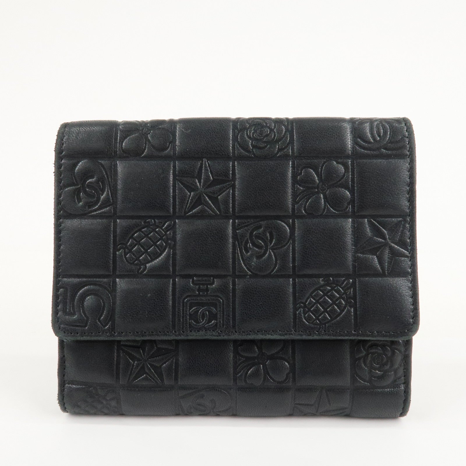 CHANEL Icon Line Lamb Skin W Flap Bi-fold Wallet Black A24212 Used