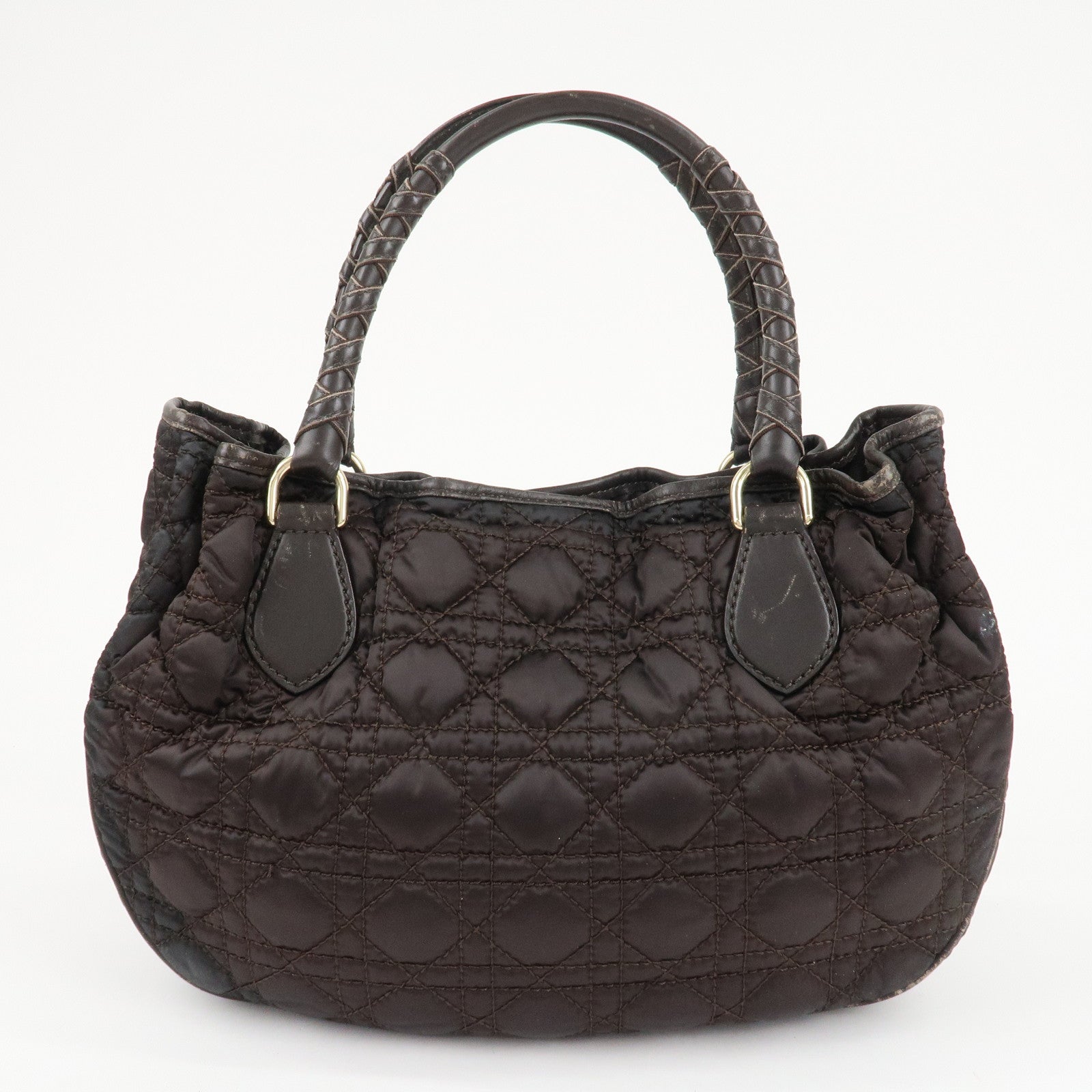Christian Dior Cannage Nylon Leather Tote Bag Dark Brown Used