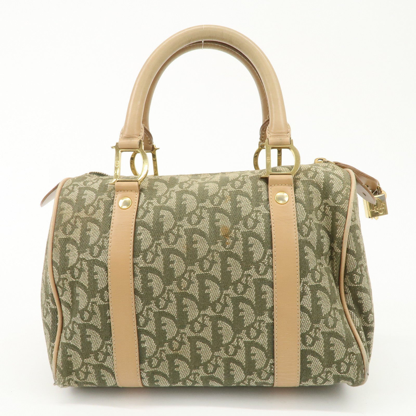 Christian Dior Trotter Canvas Leather Boston Bag White Khaki Used