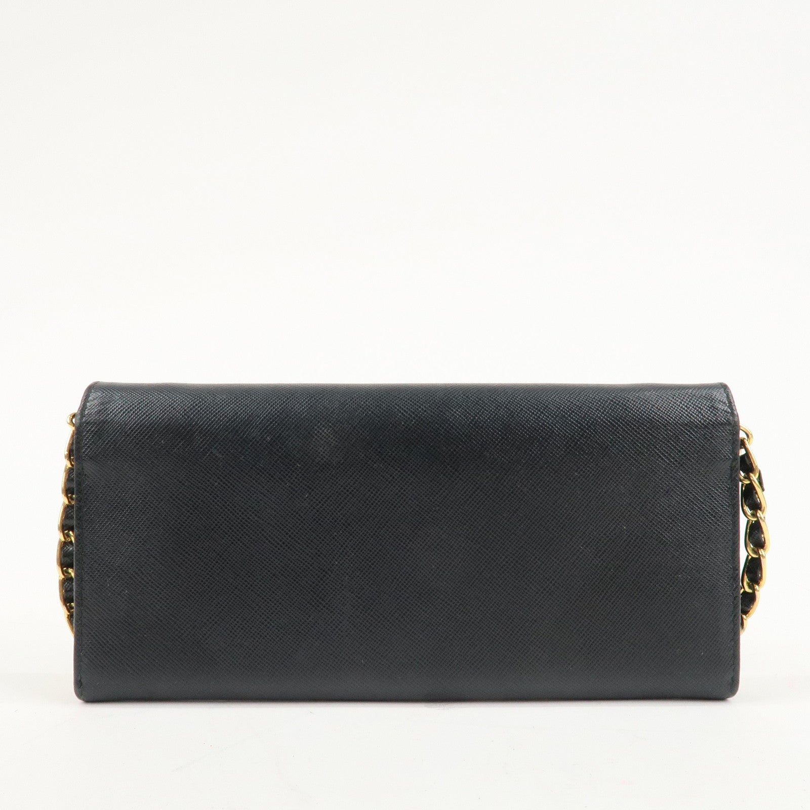 PRADA Saffiano Leather Chain Wallet Purse Black 1MT290 Used
