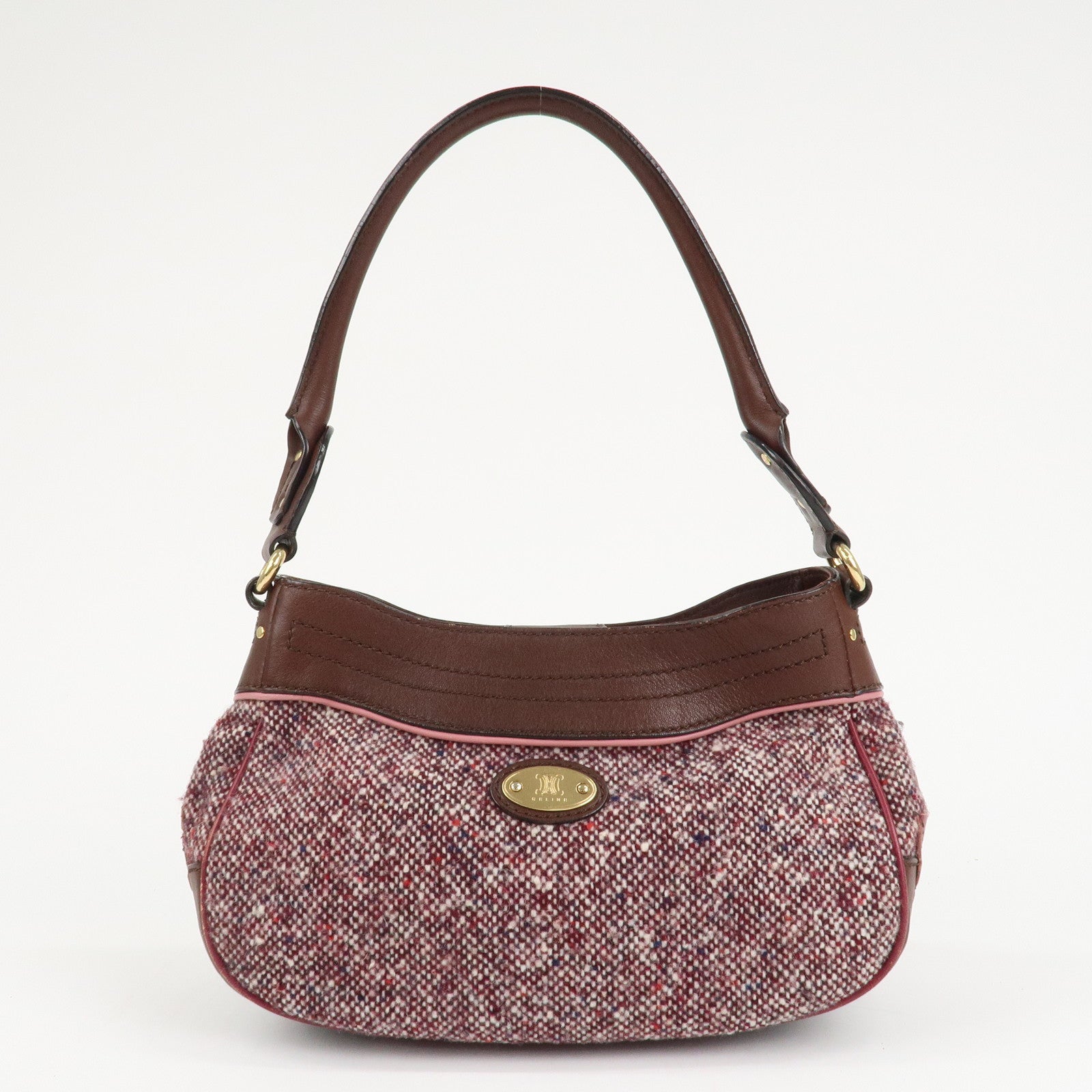 CELINE Wool Tweed Leather Shoulder Bag Macadam Engraved Leaf Motif Used