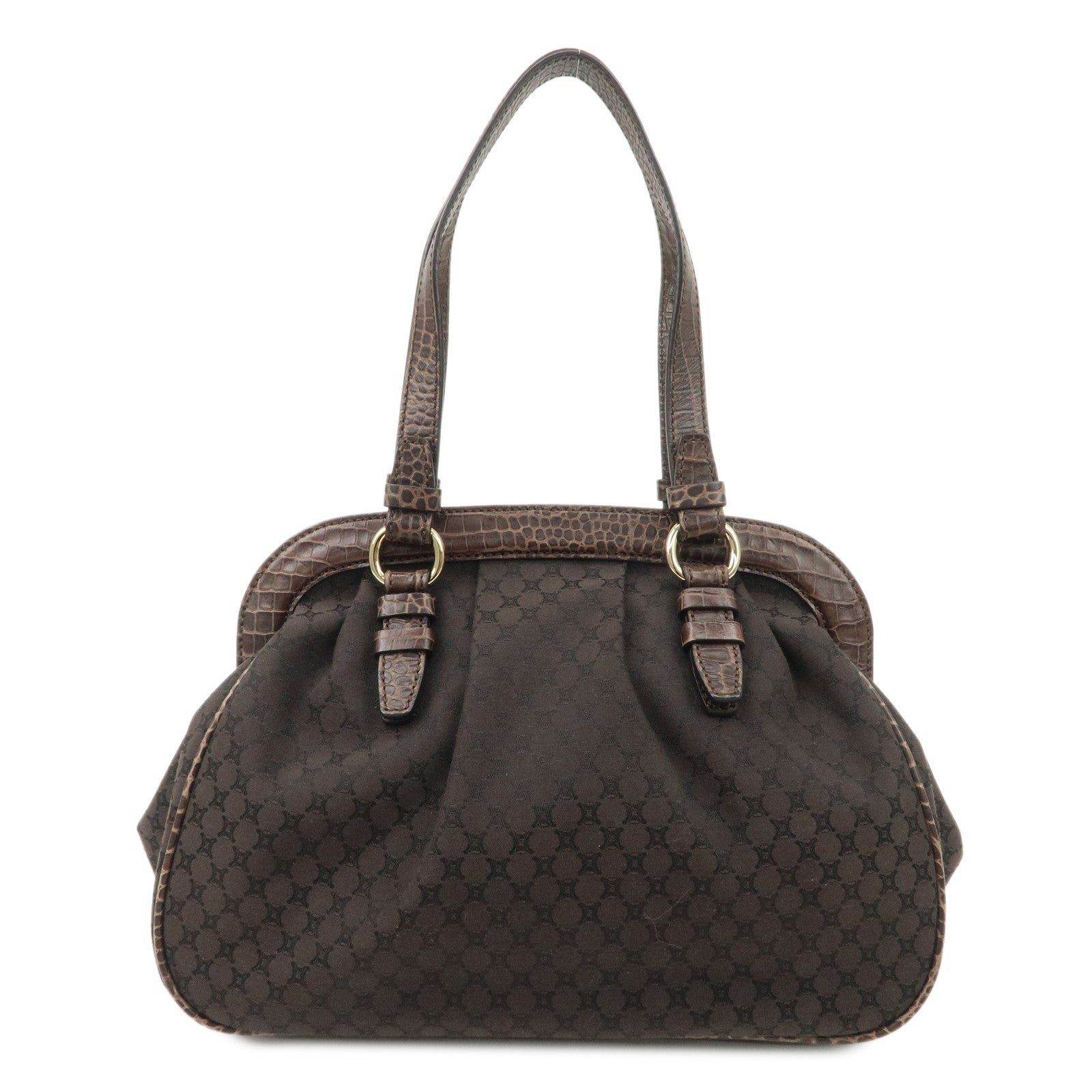 CELINE Macadam Canvas Leather Shoulder Bag Fringe Brown Used