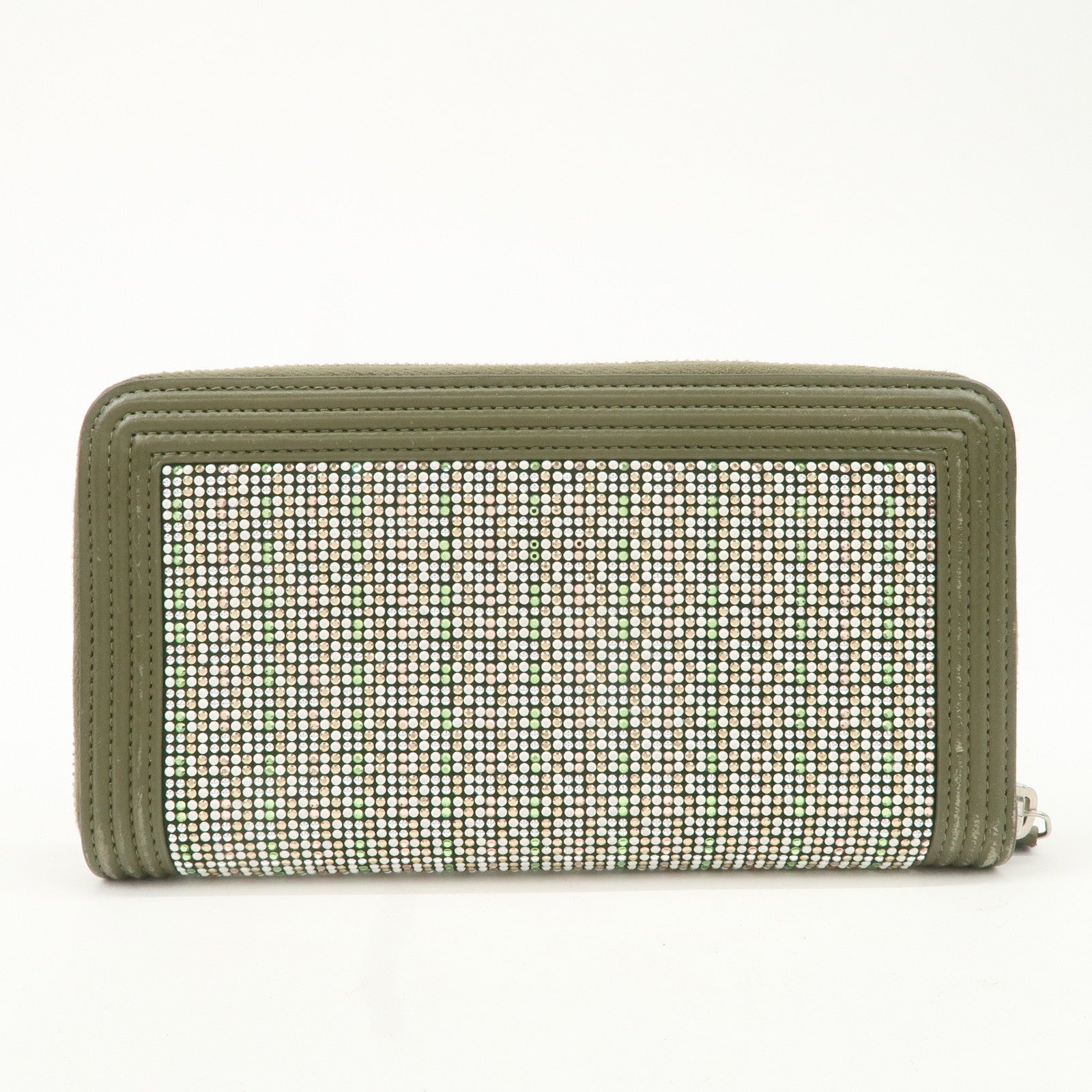 CHANEL Boy Chanel Rhine Stone Leather Round Zipper Long Wallet Used