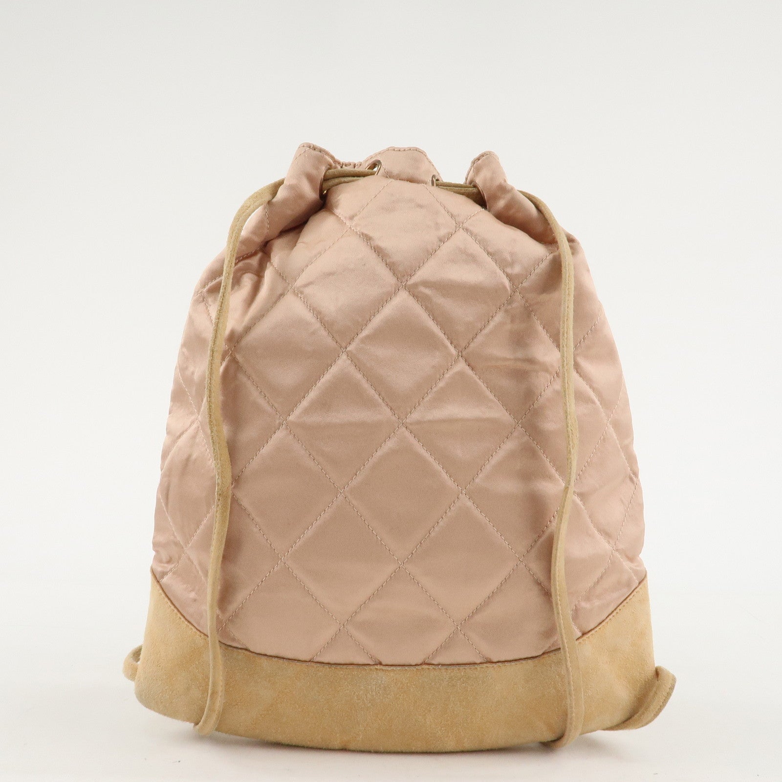 CHANEL Matelasse Satin Suede Back Pack Ruck Sack Pink Beige Used