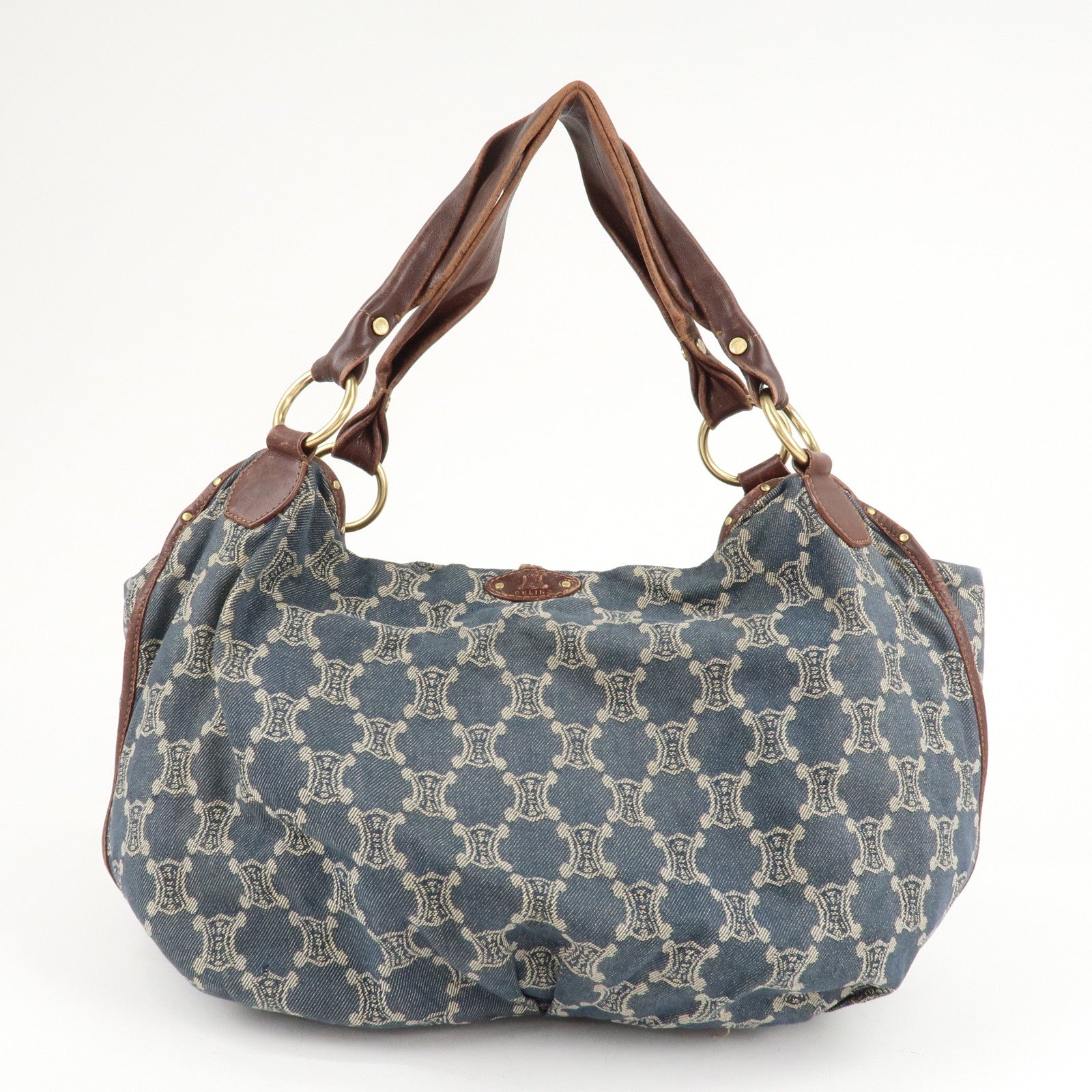 CELINE Macadam Denim Leather Bittersweet Shoudler Bag Navy Brown Used