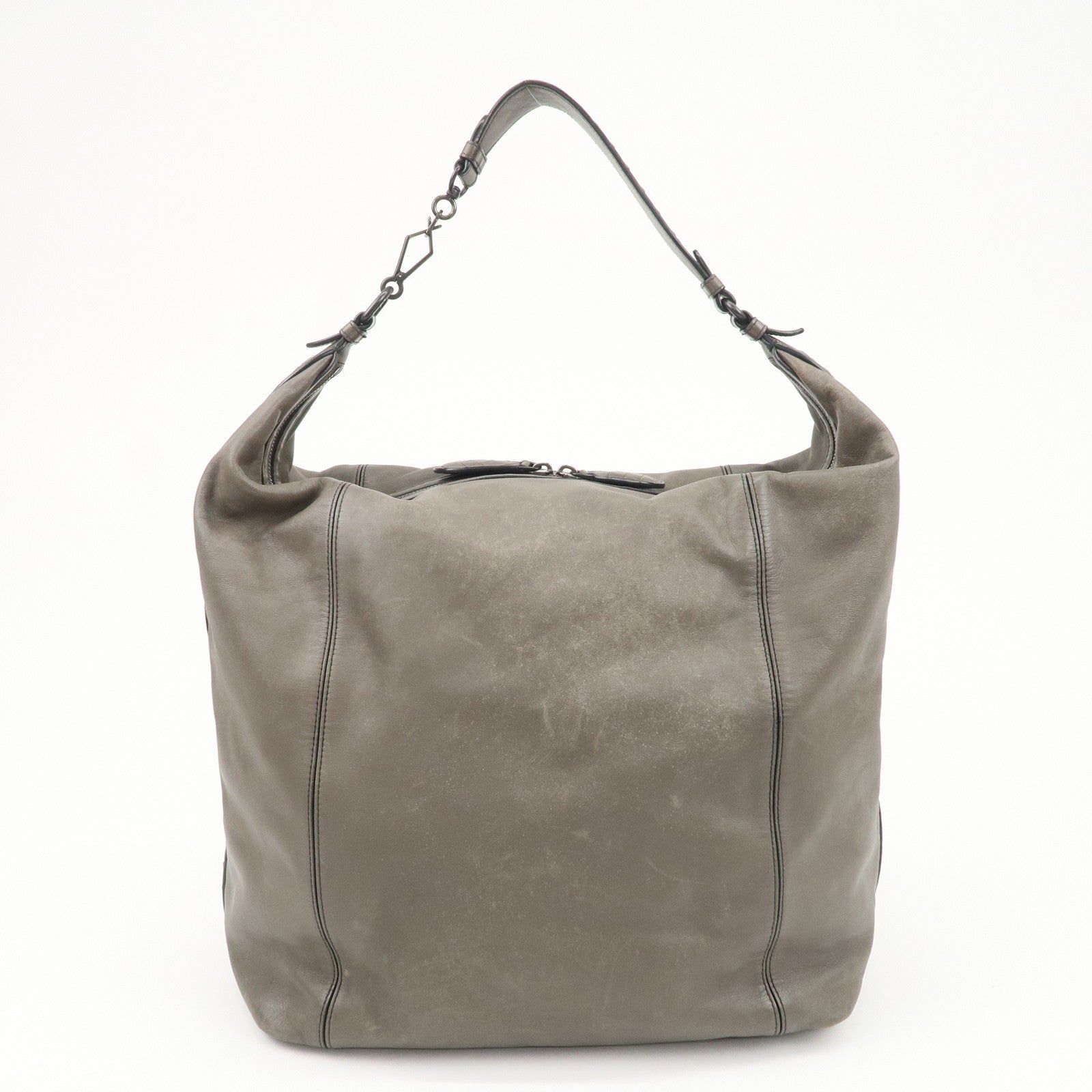 BOTTEGA VENETA Intrecciato Leather Shoulder Bag Greige Used
